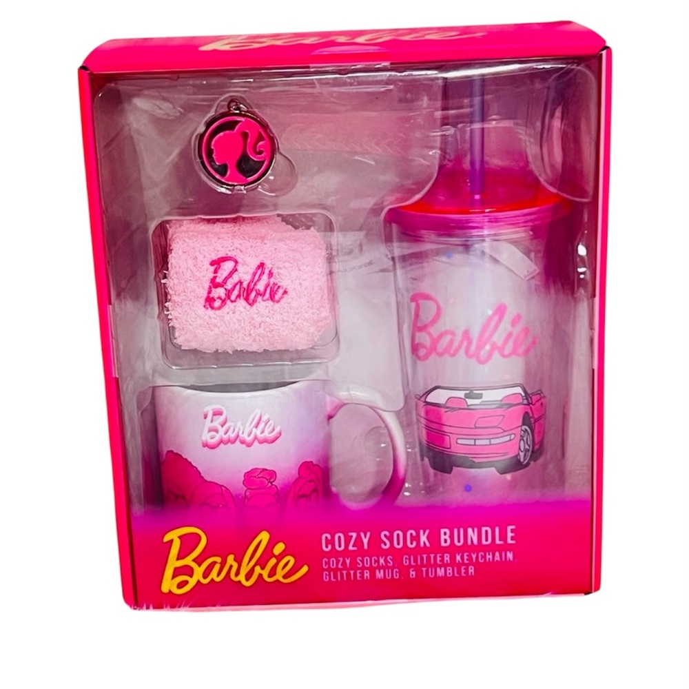 Barbie Cozy Sock Bundle Glitter Keychain Glitter Mug Tumbler - New